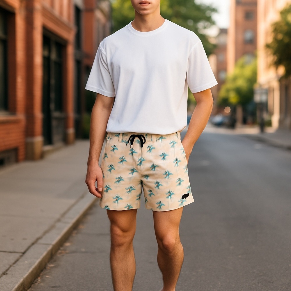 Pink and Blue Swim Trunks with Tropical Design